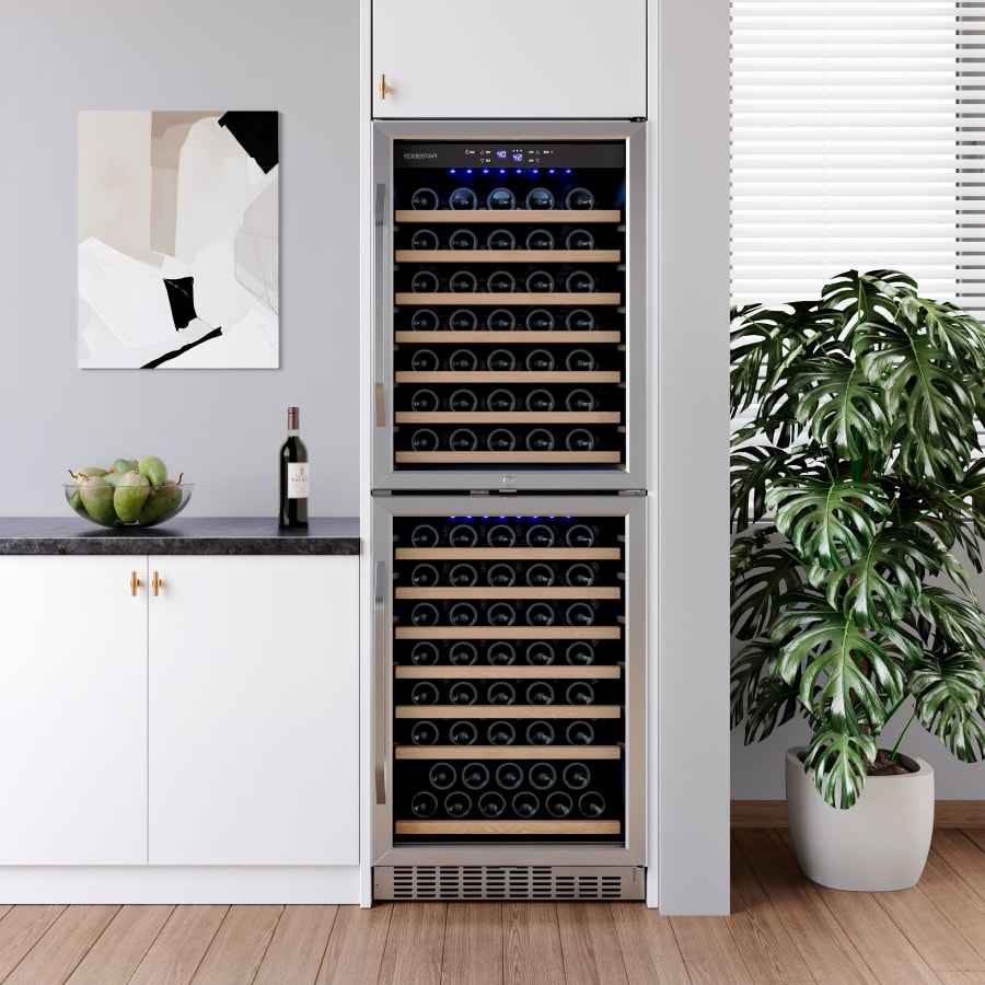 EdgeStar 142 Bottle 24" Built-In or Free Standing Dual Zone Double Door Wine Cooler with LED lighting and Door Lock - CWR1553DD