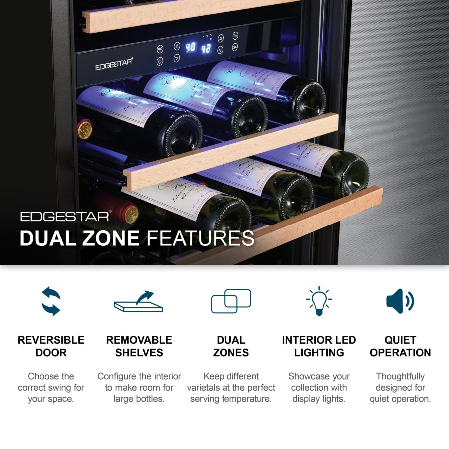 EdgeStar 142 Bottle 24" Built-In or Free Standing Dual Zone Double Door Wine Cooler with LED lighting and Door Lock - CWR1553DD