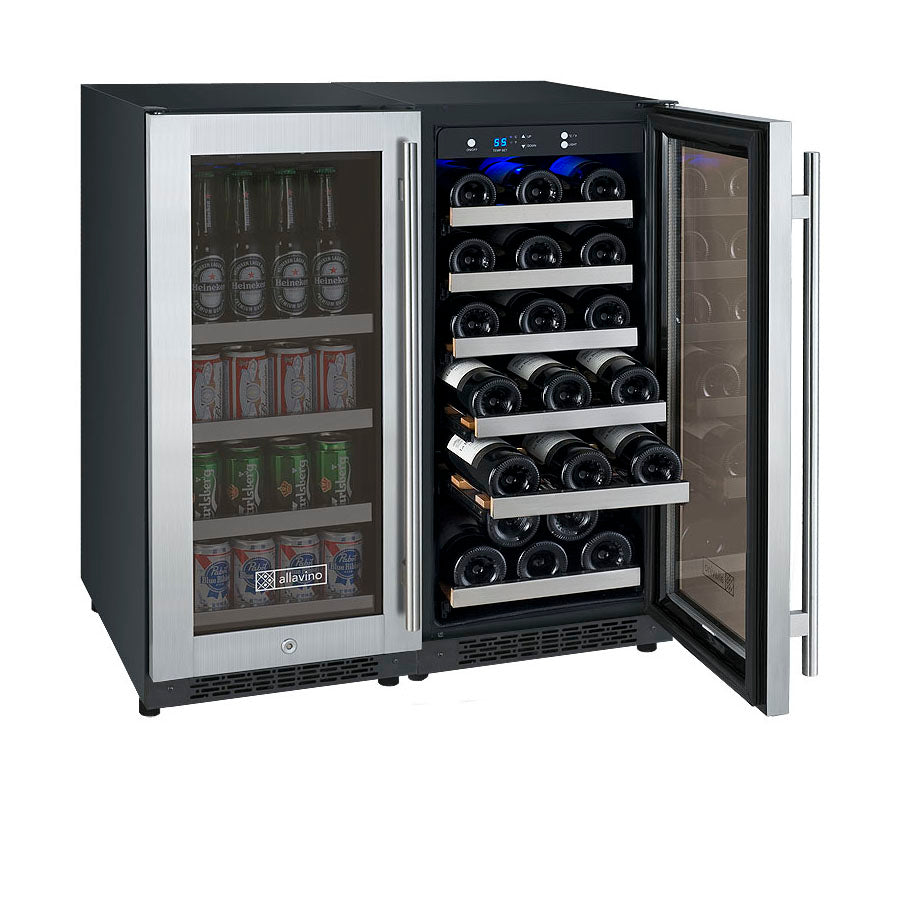 Allavino 30" Wide FlexCount II Tru-Vino 30 Bottle/88 Can Dual Zone Stainless Steel Side-by-Side Wine Refrigerator/Beverage Center - 3Z-VSWB15-2S20